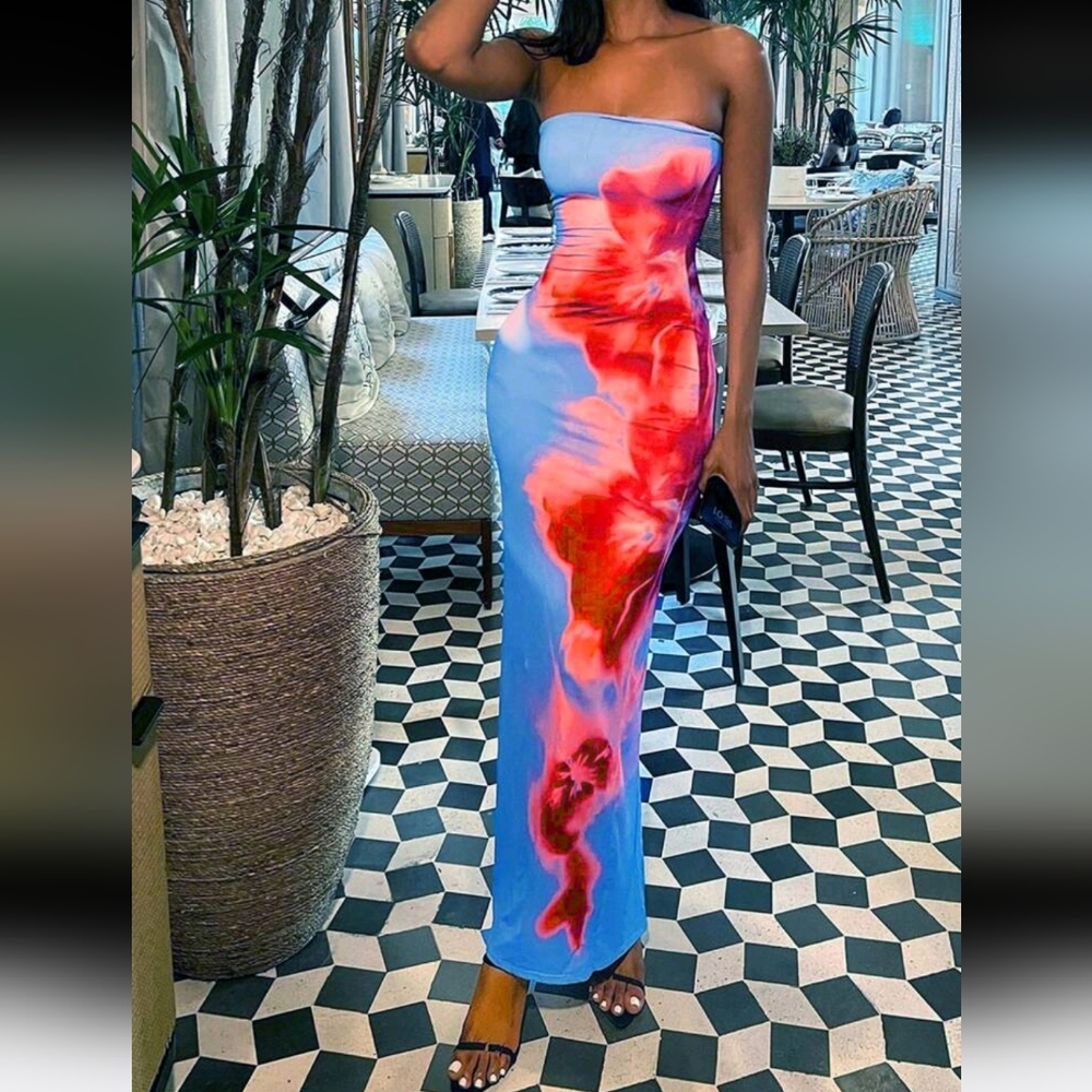 Women Random Printing Bandeau Dress - Picture 5 of 5